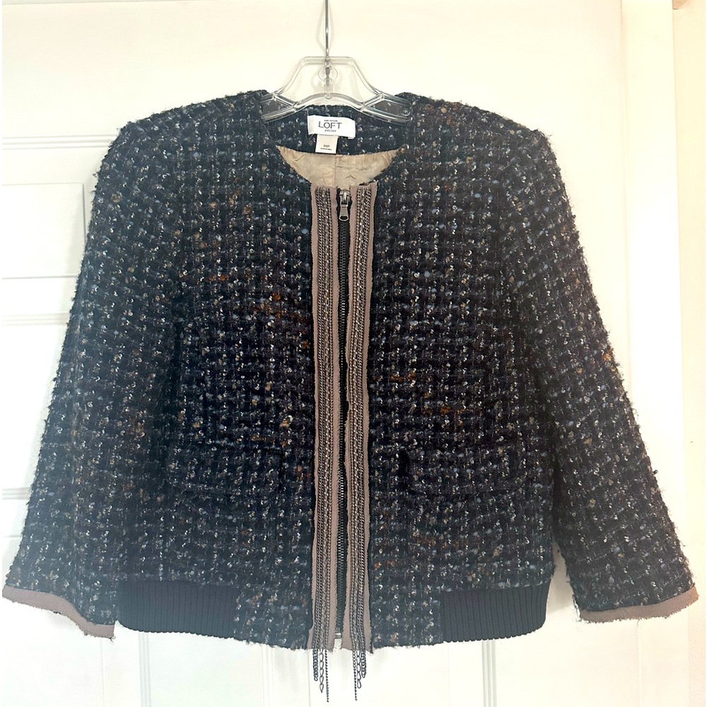 Ann Taylor LOFT- navy tweed Boucle bomber zip jacket